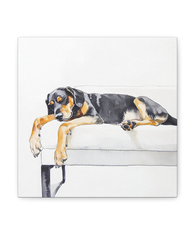 Canvas Gallery Wraps - Watercolor Black and Tan Coonhound Sleeping on Couch